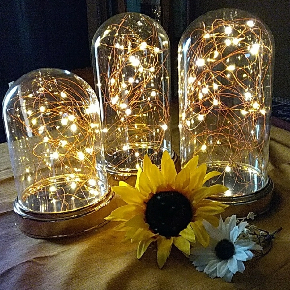 Set Of 3 COPPER Light DOME Lights. ACRYLIC. Gold Tone Bases. Battery Operated.